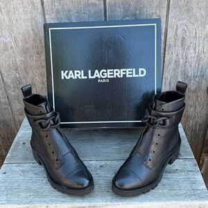NIB KARL LAGERFELD Paris Pepper Boots Grommets meet buckled straps elegant 7.5